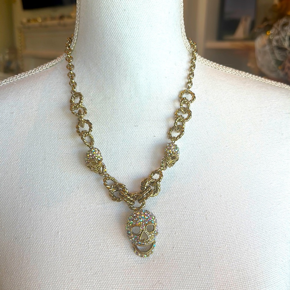 Swarovski AB crystal and gold toned skull necklace